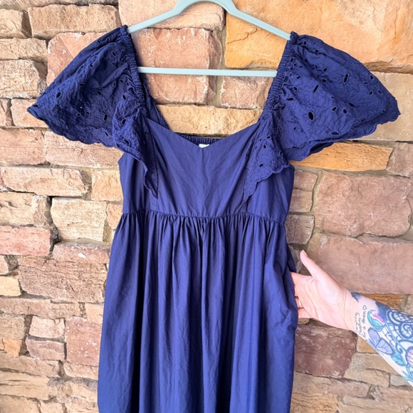 Crown & Ivy XL Navy Eyelet Cotton Flutter Smocked Back Maxi Dress Cottage Preppy - Picture 3 of 13